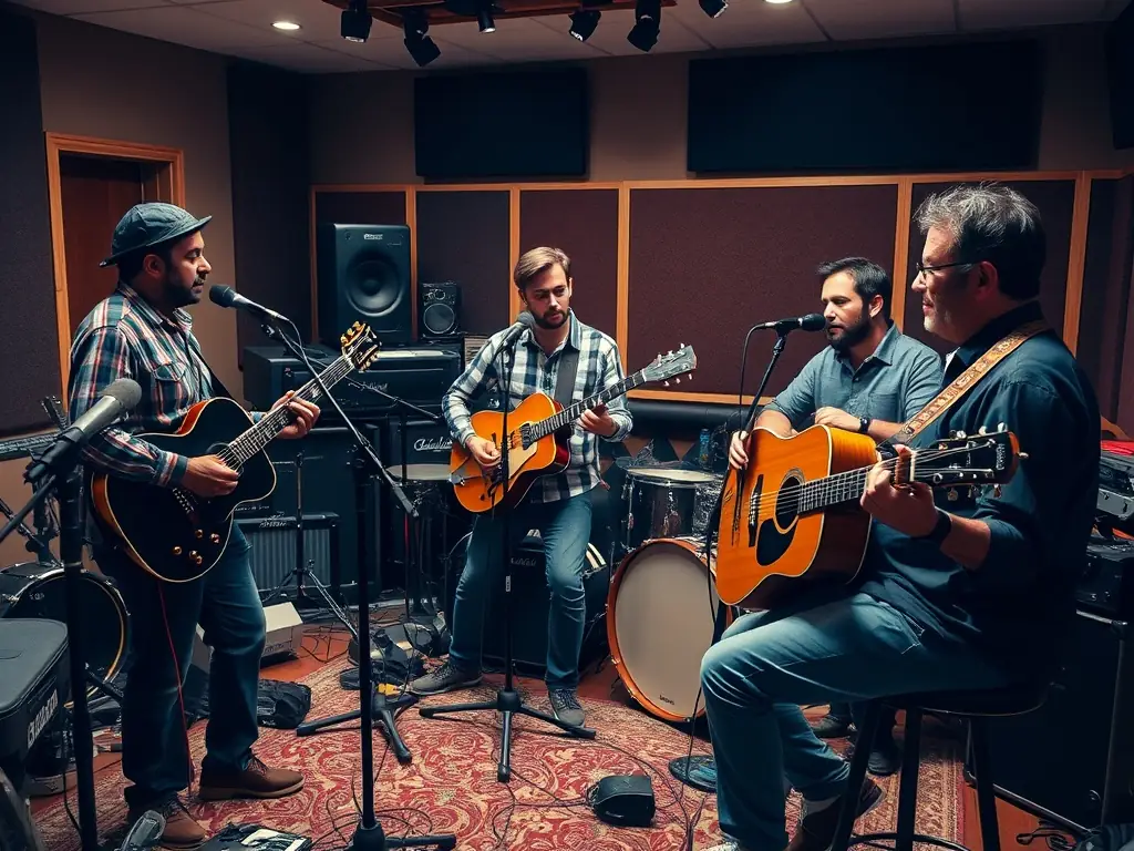 A dynamic image of musicians collaborating on a project, showcasing a mix of ages and backgrounds, with instruments and sheet music scattered around, set in a recording studio.