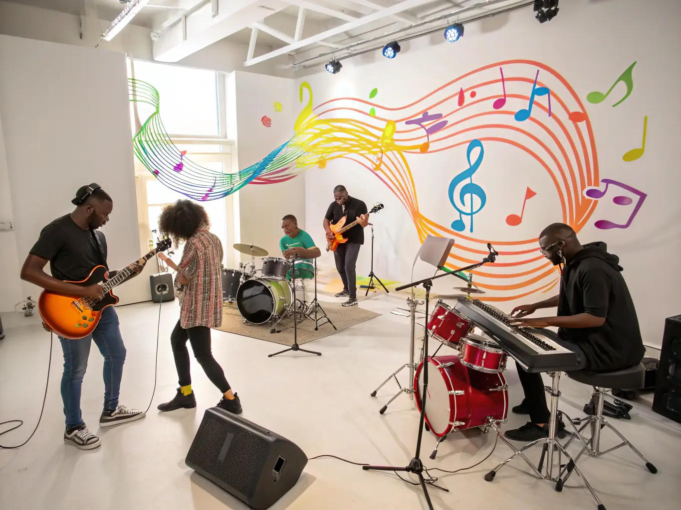 A collaborative art project in progress, with musicians and visual artists working together to create a unique multimedia performance, highlighting the innovative spirit of AG MUSIC.
