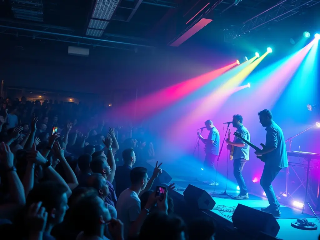 A dynamic image of a live musical performance featuring local artists on stage, with an enthusiastic audience in the background, showcasing the energy and excitement of AG MUSIC events.