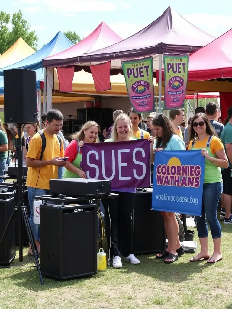 A photograph of AG MUSIC volunteers setting up for a free outdoor concert in a local park. The image should convey the sense of community involvement and the accessibility of the event.