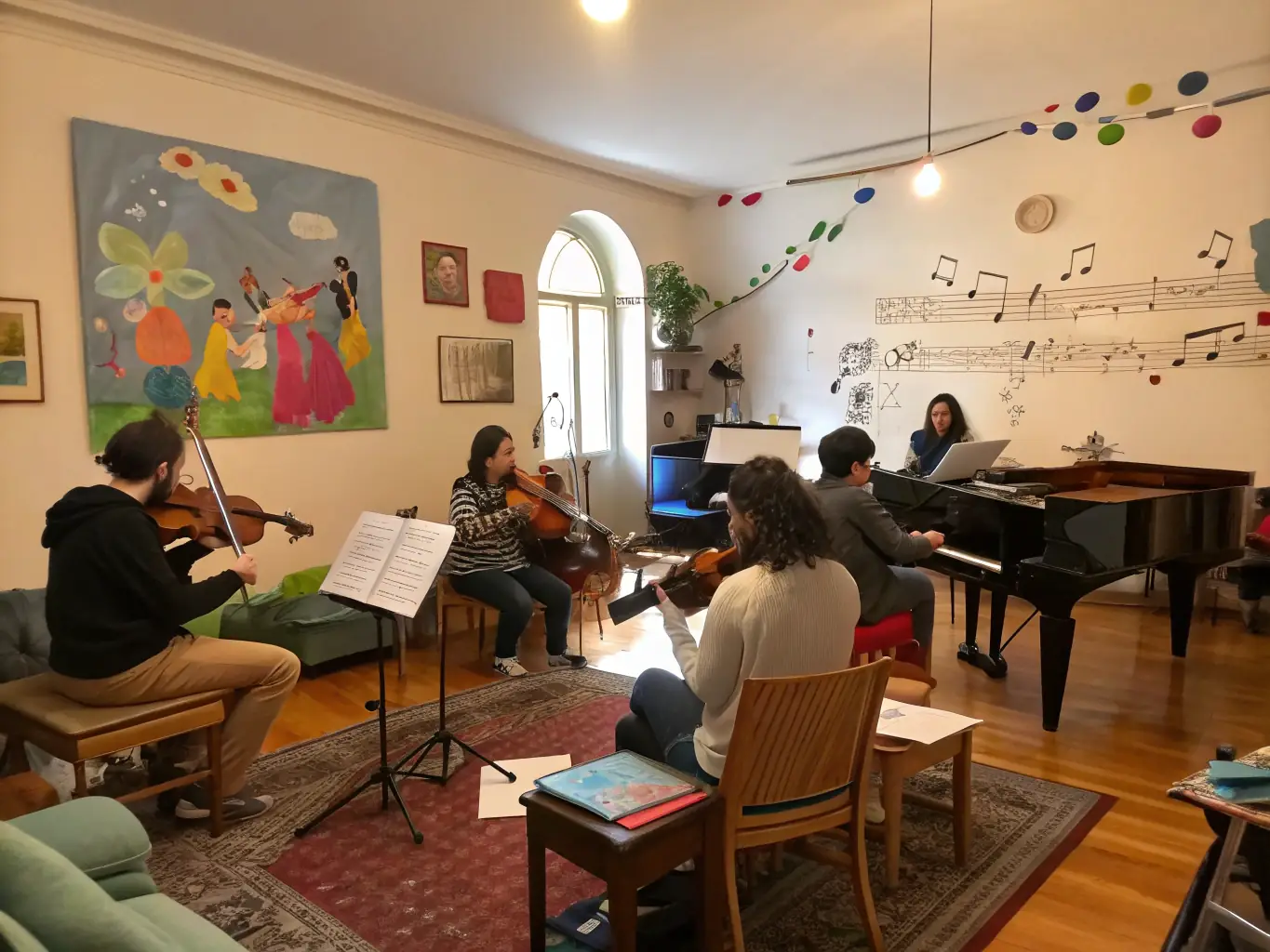 A vibrant photograph capturing a community music workshop in full swing, with participants of diverse ages and backgrounds engaged in playing instruments and collaborating on a song.