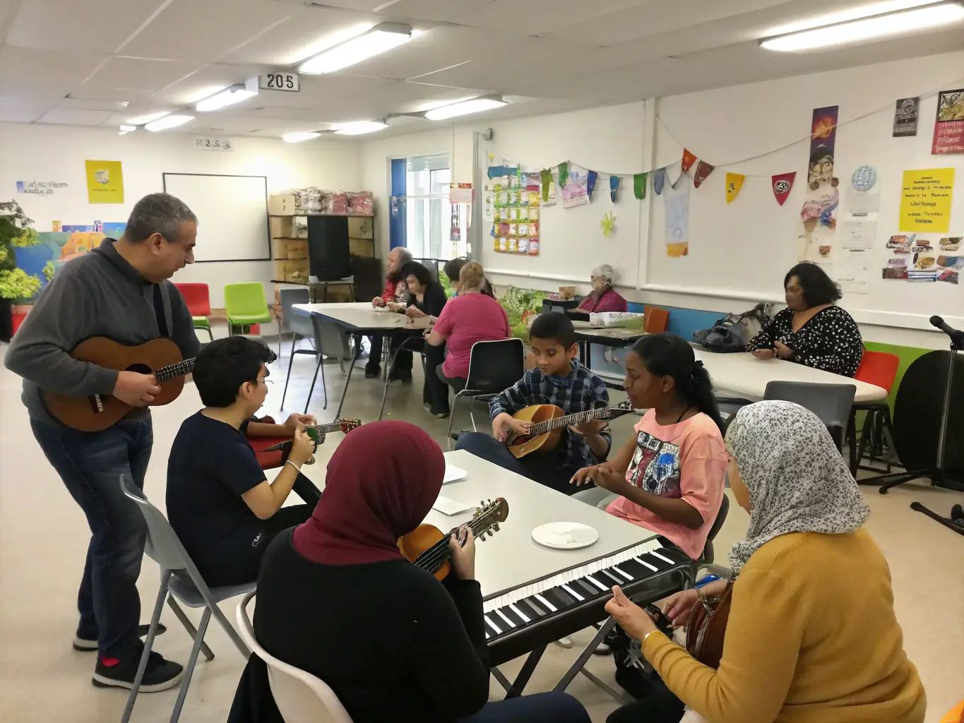 A vibrant image of a diverse group of people participating in a community music workshop, playing various instruments and smiling, set in a brightly lit, welcoming space.