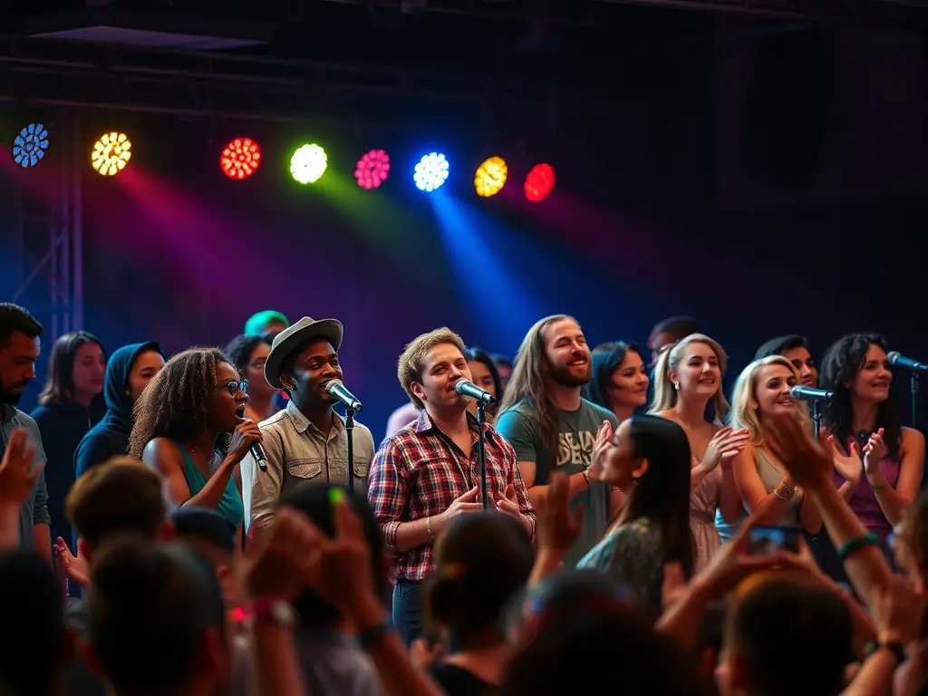 A captivating image of a live musical performance, featuring diverse artists on stage, with an engaged audience in the background, set in a concert hall.