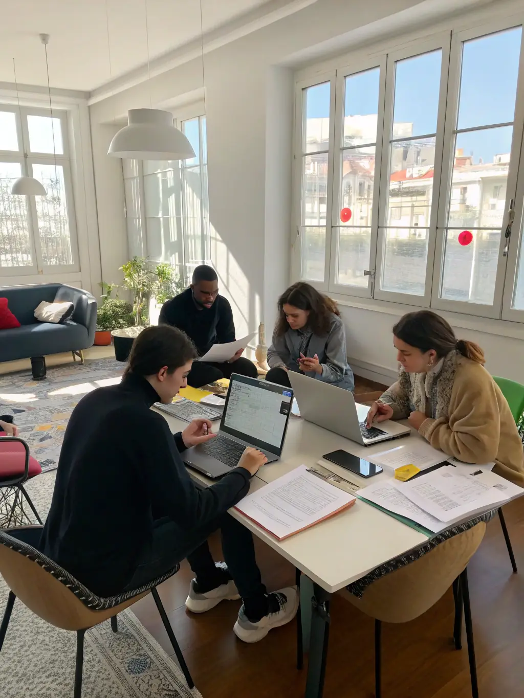 A picture of participants in a songwriting workshop, collaborating on lyrics and melodies. The image should emphasize the creative process and the supportive environment of the workshop.