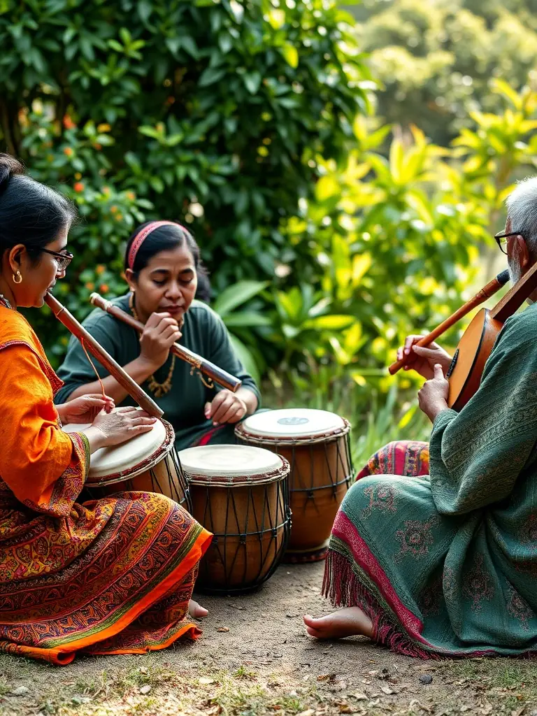 A photograph capturing a diverse group of children and adults participating in a drumming circle at a community music event organized by AG MUSIC. The image should convey joy, collaboration, and cultural exchange.
