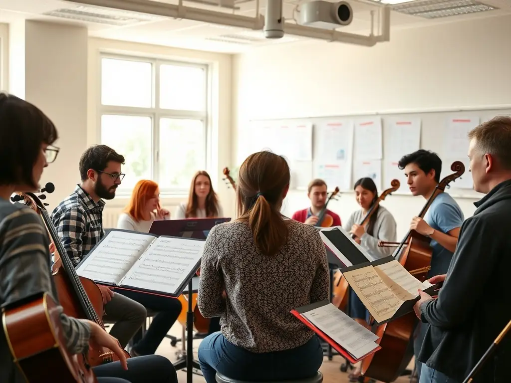 A photograph capturing a diverse group of people participating in a community music workshop, showcasing various instruments and enthusiastic expressions, set in a bright and welcoming space.